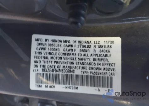 2021 Honda Insight Ex z USA, uszkodzony, nr VIN 19XZE4F54ME006948